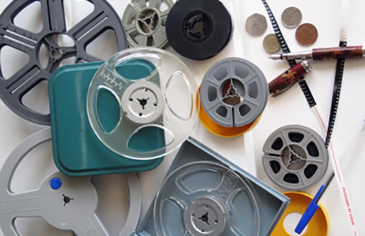Cine film reels and tapes ready for transfer